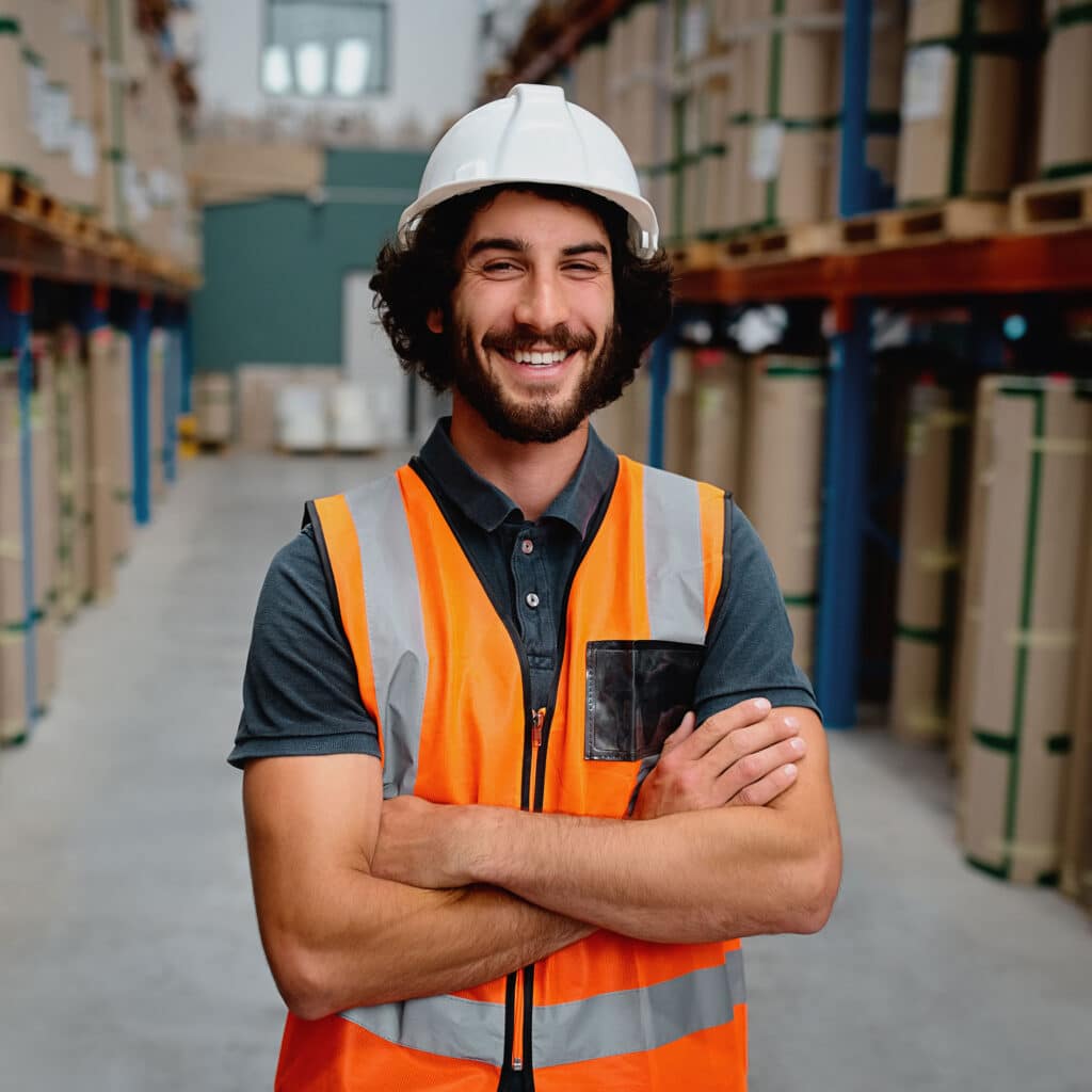 Portrait of cheerful supervisor in a warehouse for delivering and transporting industrial goods wearing white helmet and orange vest uniform standing with folded arms in aisle